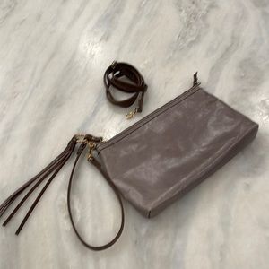 Hobo distressed leather 9x5” wristlet shoulder bag crossbody gray & brown